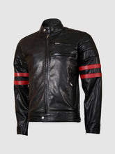 Leather Biker Jacket with Red Stripes