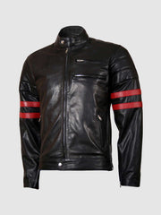 Leather Biker Jacket with Red Stripes