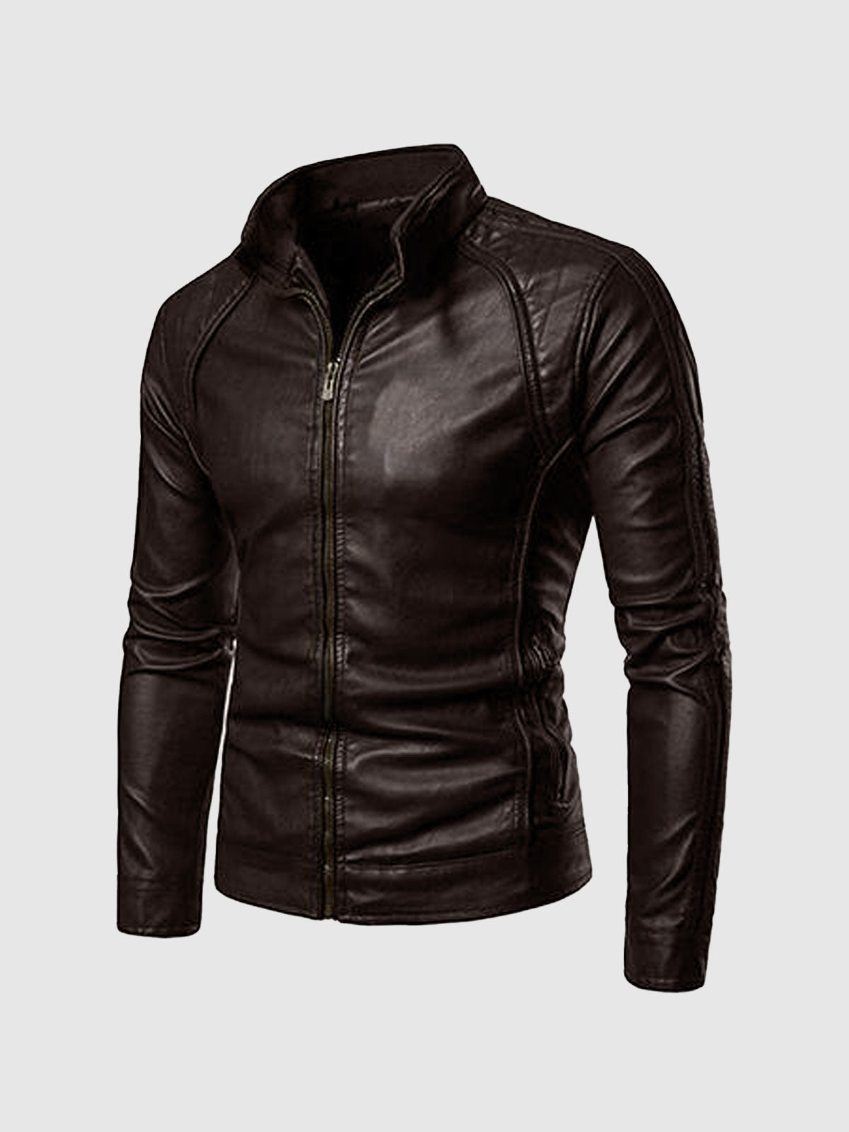 High Collar Men's Brown Leather Jacket