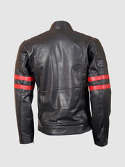 Leather Biker Jacket with Red Stripes
