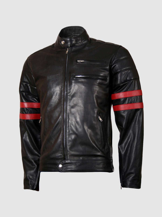 Size XS Leather Biker Jacket with Red Stripes
